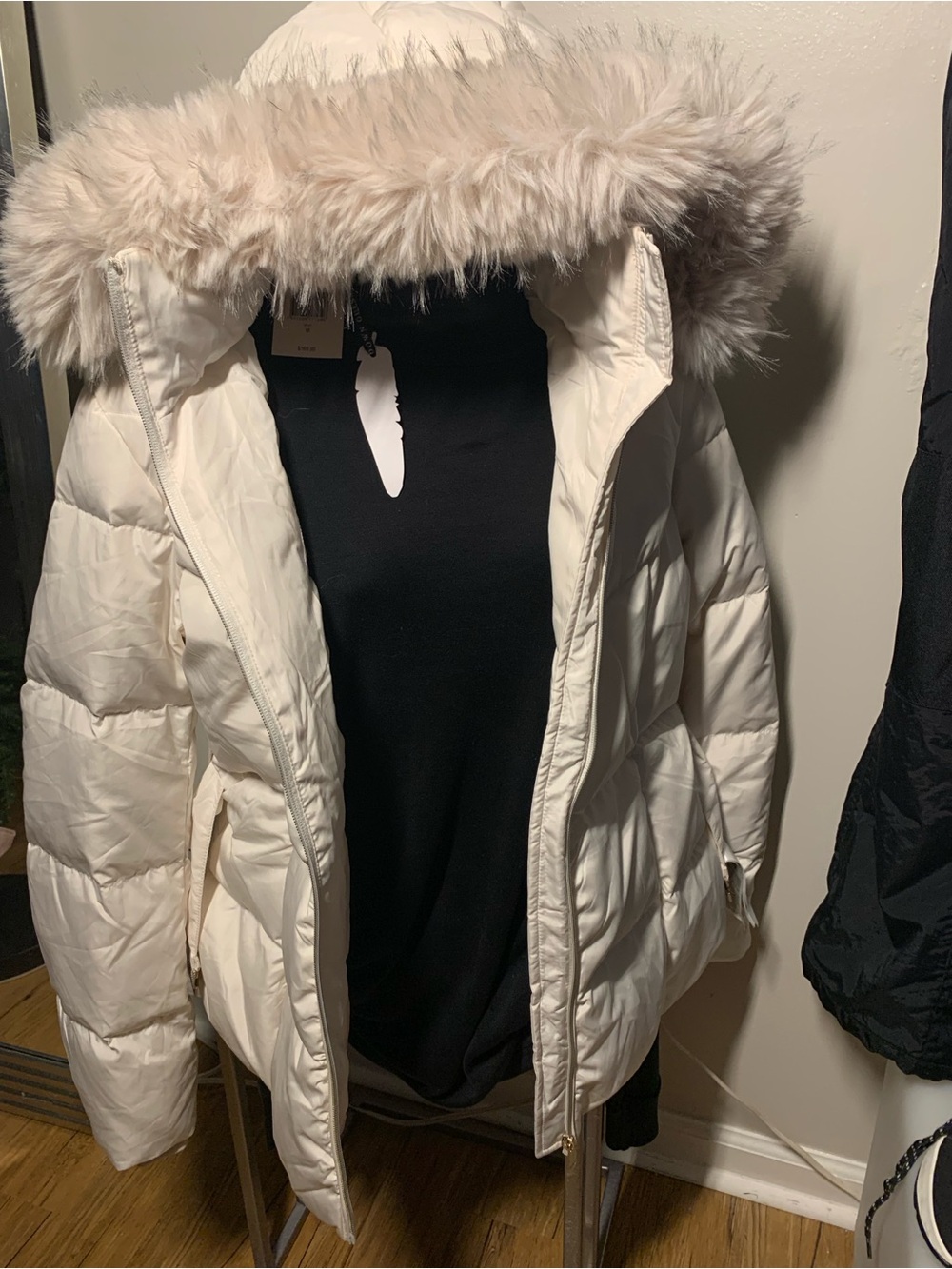 GUESS Women's Cream Quilted Puffer Jacket with Logo Waist Belt